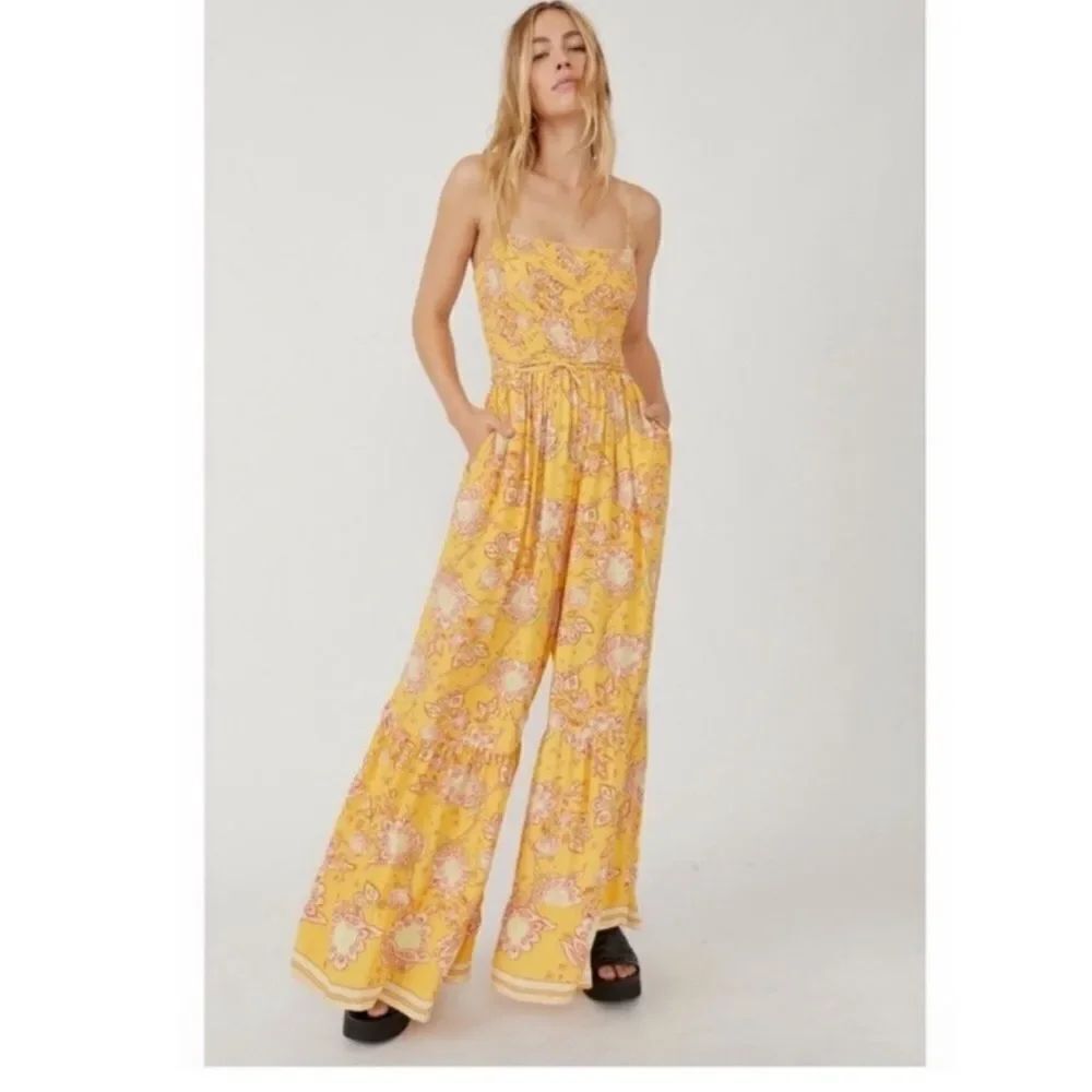 Free People Little of Your Love Golden Yellow Floral Wide Leg Smocked Jumpsuit